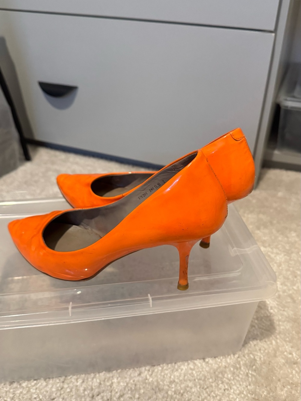 Orange Patent Pointed-Toe Kitten Heel Pumps